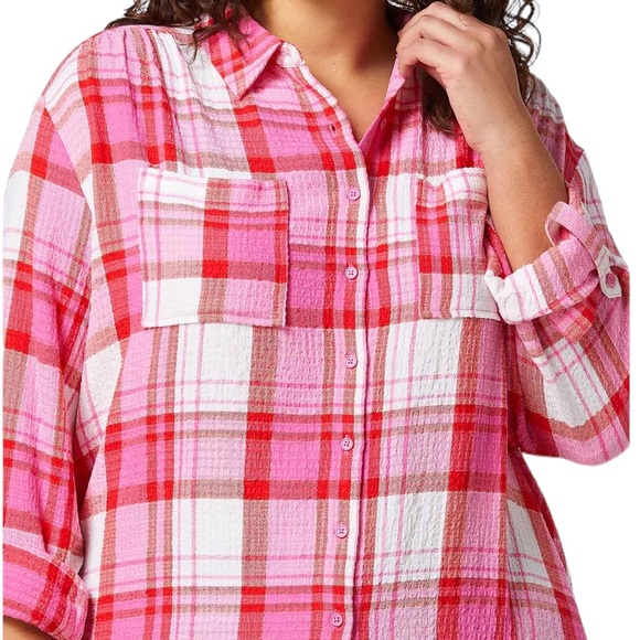 Cato Button Up Pink Shimmer Double Pocket Roll Tab Long Sleeve Shirt Plus 24W - Picture 4 of 15